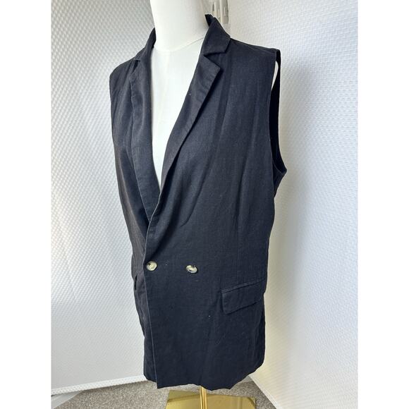 Halston Vest Black Button Pockets Linen Blend Collared large - Picture 9 of 11